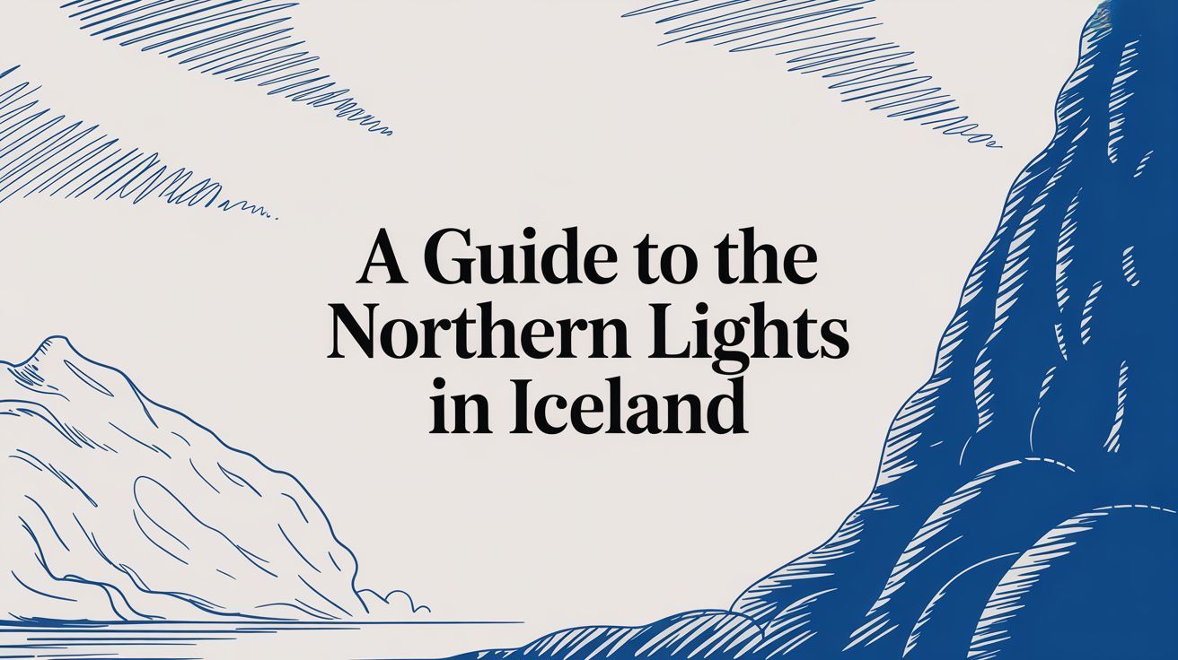 A guide to the Northern Lights in Iceland: text on blue and off-white backdrop with mountains.