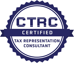 Blue and white CTRA Certified Tax Representation Consultant badge.
