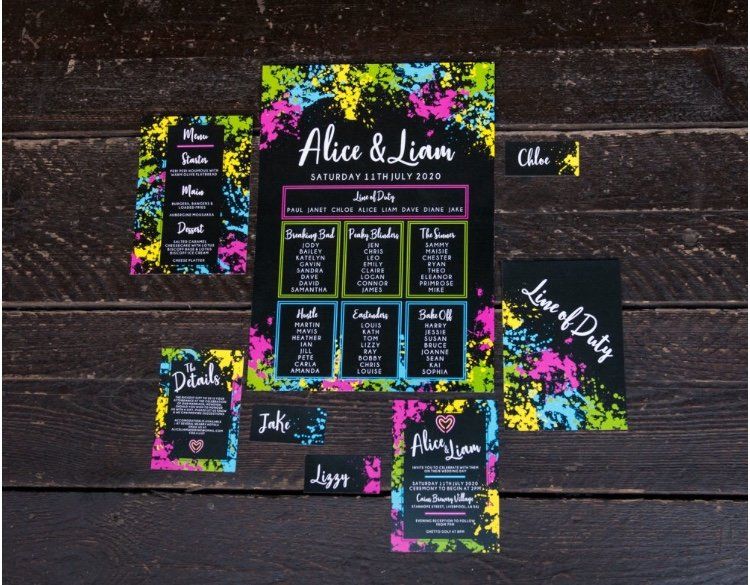 Neon splash wedding stationery suite. Table Plan, place names, invitation, table names