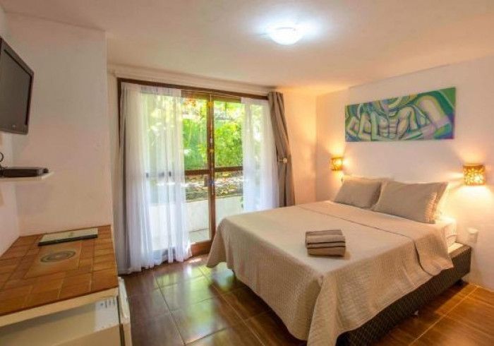 Quarto com cama de casal, TV, obras de arte e porta de correr para uma varanda com vegetação.