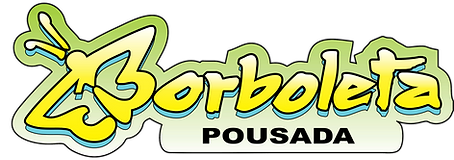 Logotipo da Pousada Borboleta, em formato de borboleta estilizada, nas cores verde e amarela com a palavra 