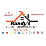Logo for Randy's Home Improvement. Features a house with a hammer, phone number, and social media icons.
