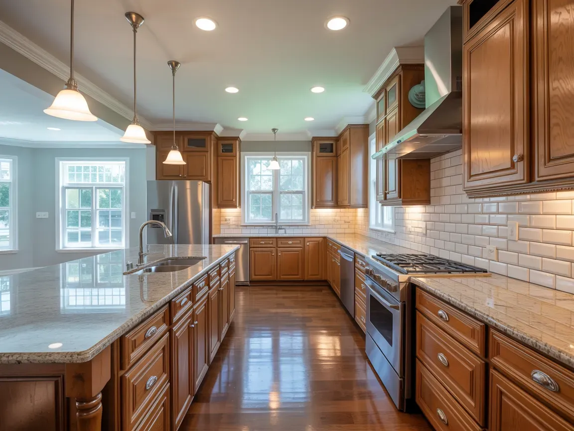 Spacious kitchen with wood cabinets, island, stainless steel appliances, and granite countertops.