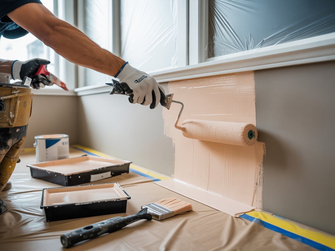 Person paints a wall with a roller. The wall is being painted peach, indoors, near a window.