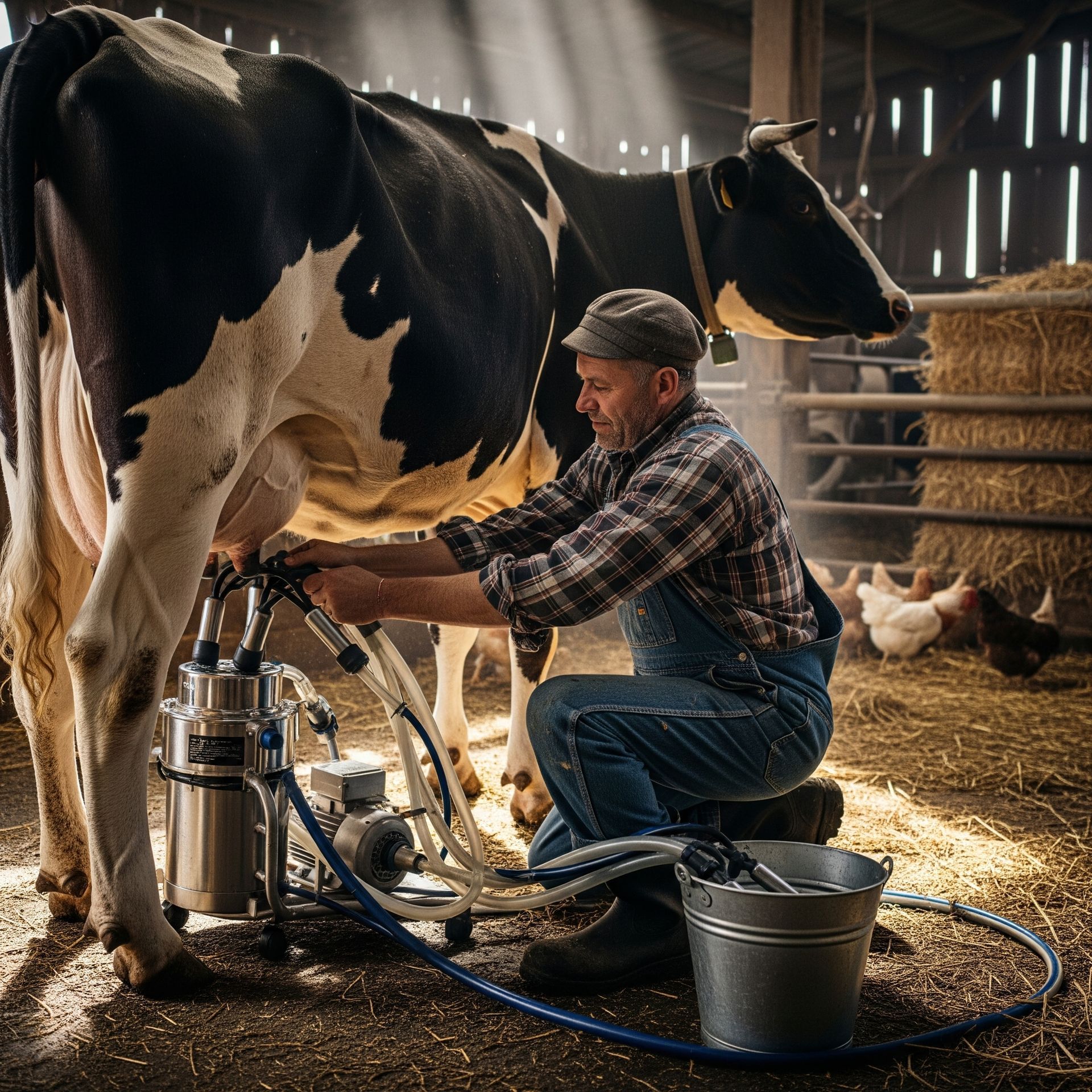 A farmer milks a black and white cow inside a barn. He kneels, using a milking machine.