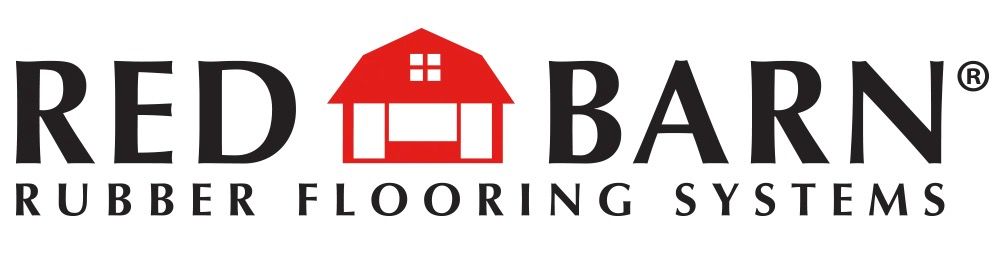 The logo for red barn rubber flooring systems has a red barn on it.