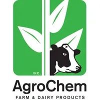 The logo for agrochem farm and dairy products has a cow and leaves on it.