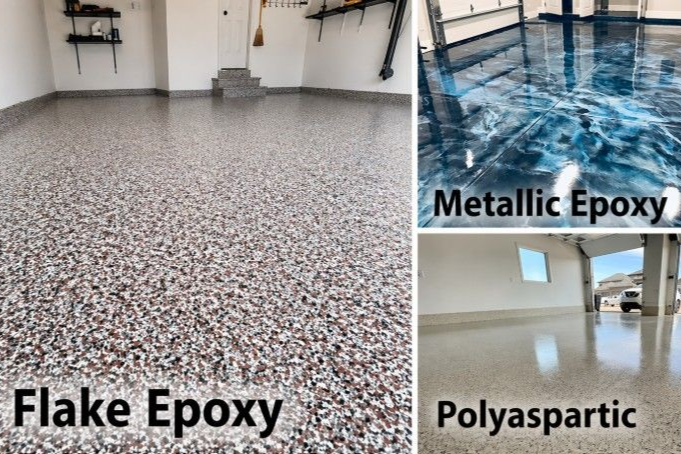 Three garage floor coating examples: flake epoxy, metallic epoxy, and polyaspartic.