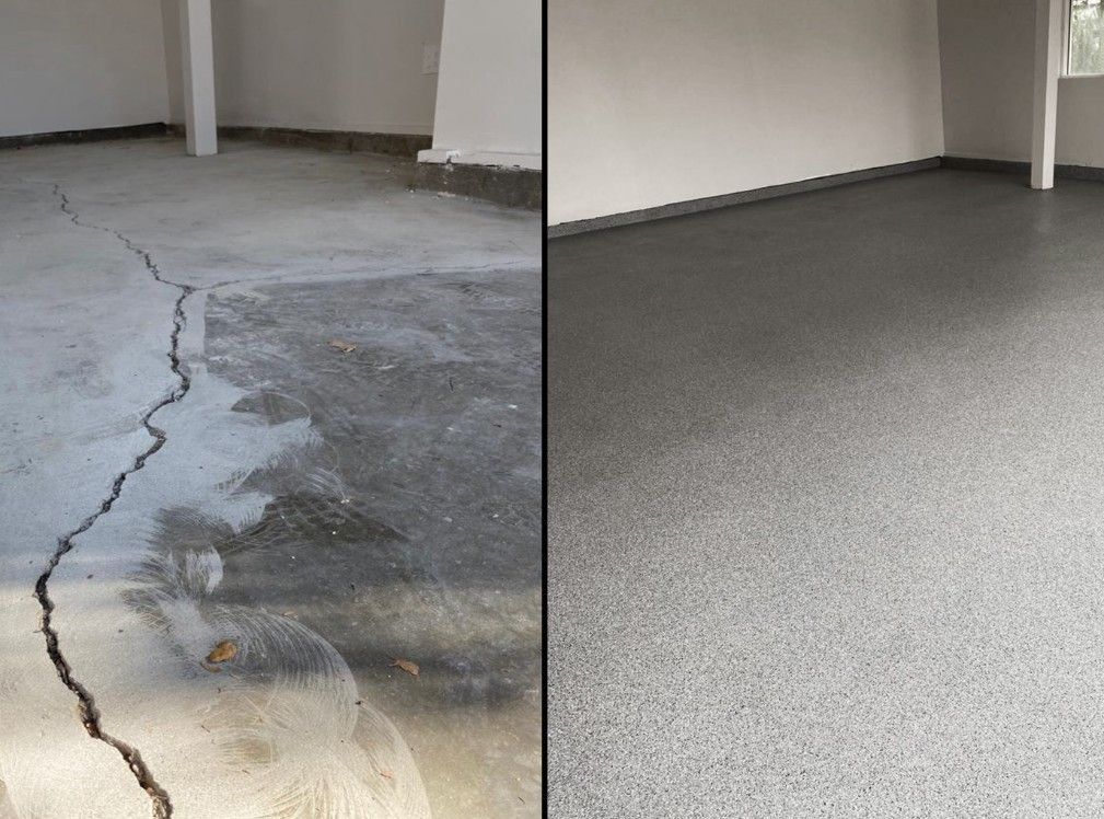 Cracked concrete floor next to a repaired gray, flake epoxy floor in a home garage.