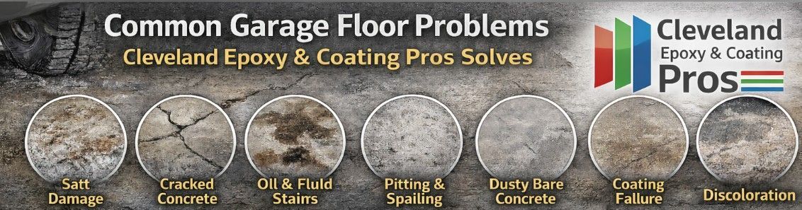 image displaying common garage floor issues such as salt damage, cracked concrete, oil/fluid stains, pitting/spailing, dusty bare concrete, coating failure and concrete discoloration solved by Cleveland Epoxy & Coating Pros  garage floor coatings
