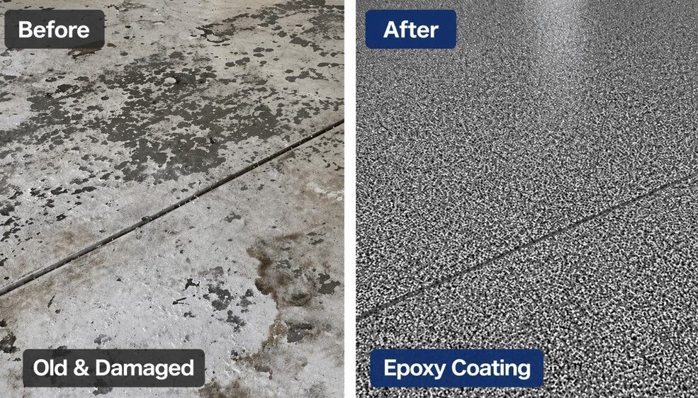 Split view of old damaged concrete before and smooth gray epoxy-coated floor after