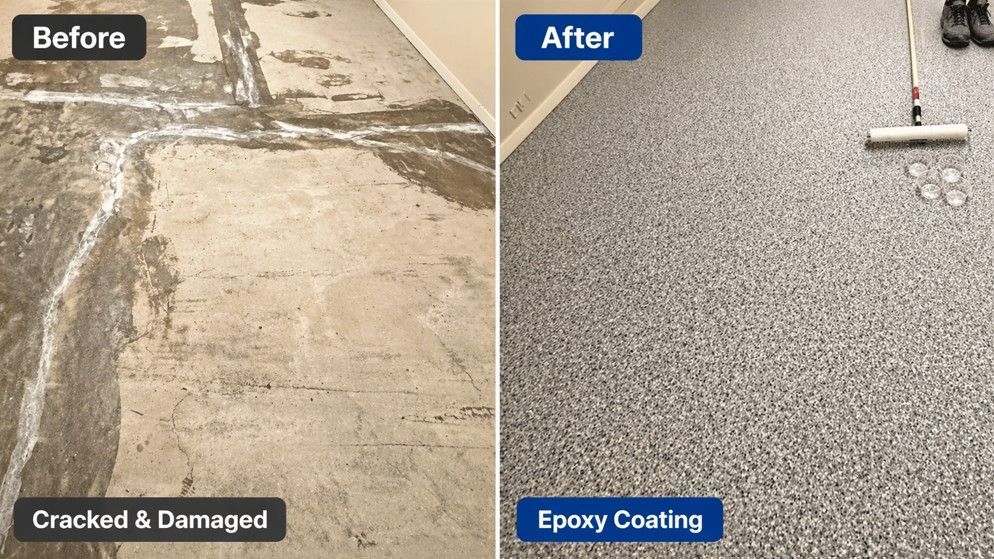 Before-and-after floor repair: cracked concrete changed to smooth gray epoxy coating.