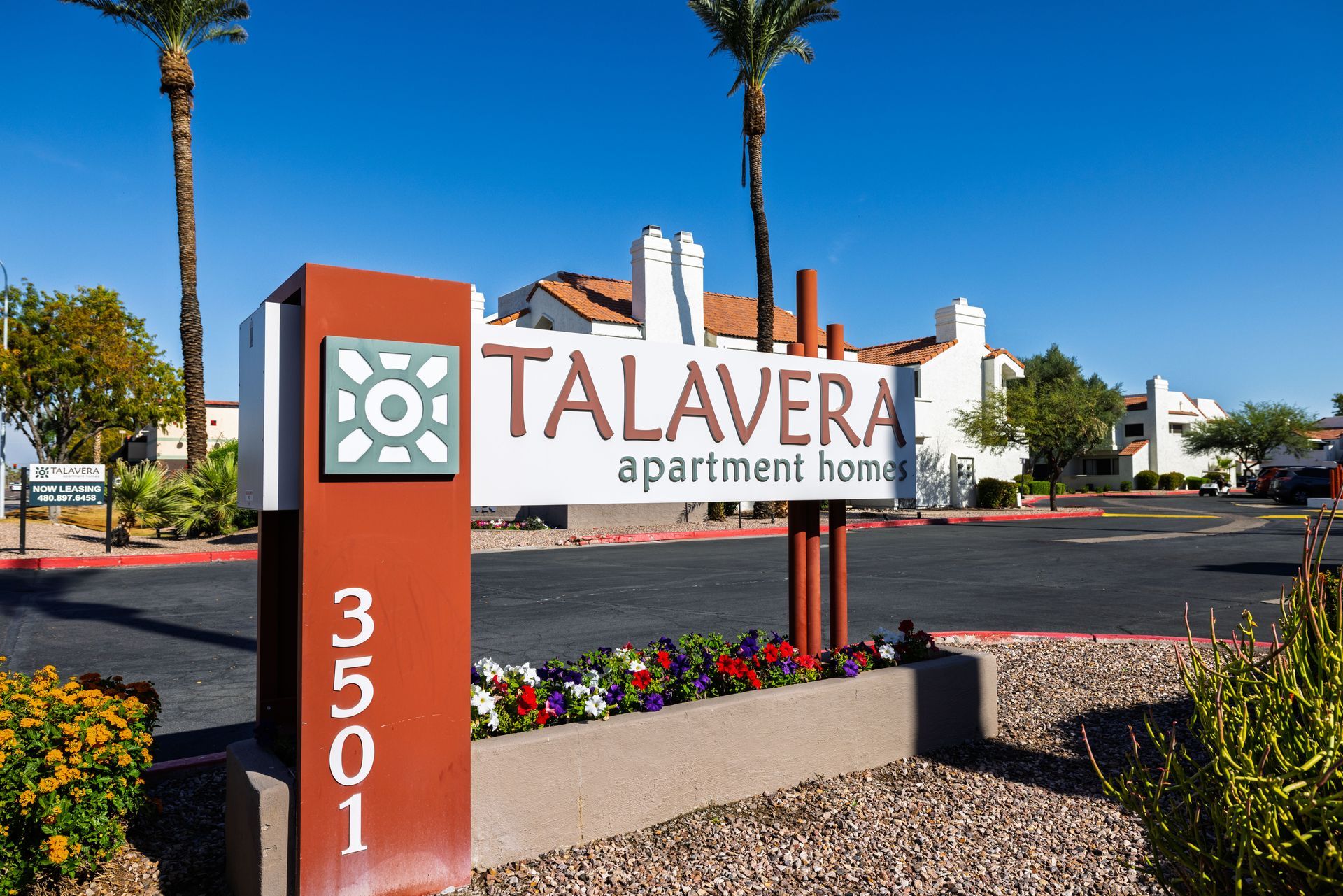 Sign for Talavera apartment homes, with address 3501, in a desert setting. Discover spacious layouts in 2 bedroom apartments in Tempe AZ at Talavera Apartments.