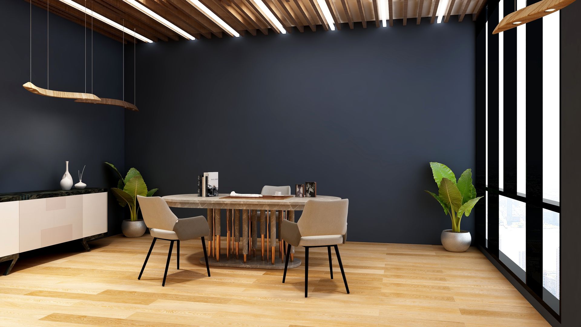 Modern office interior with dark blue walls, wooden ceiling and floor, desk, chairs, and large window. Modern office interior with dark blue walls, wooden ceiling and floor, desk, chairs, and large window.