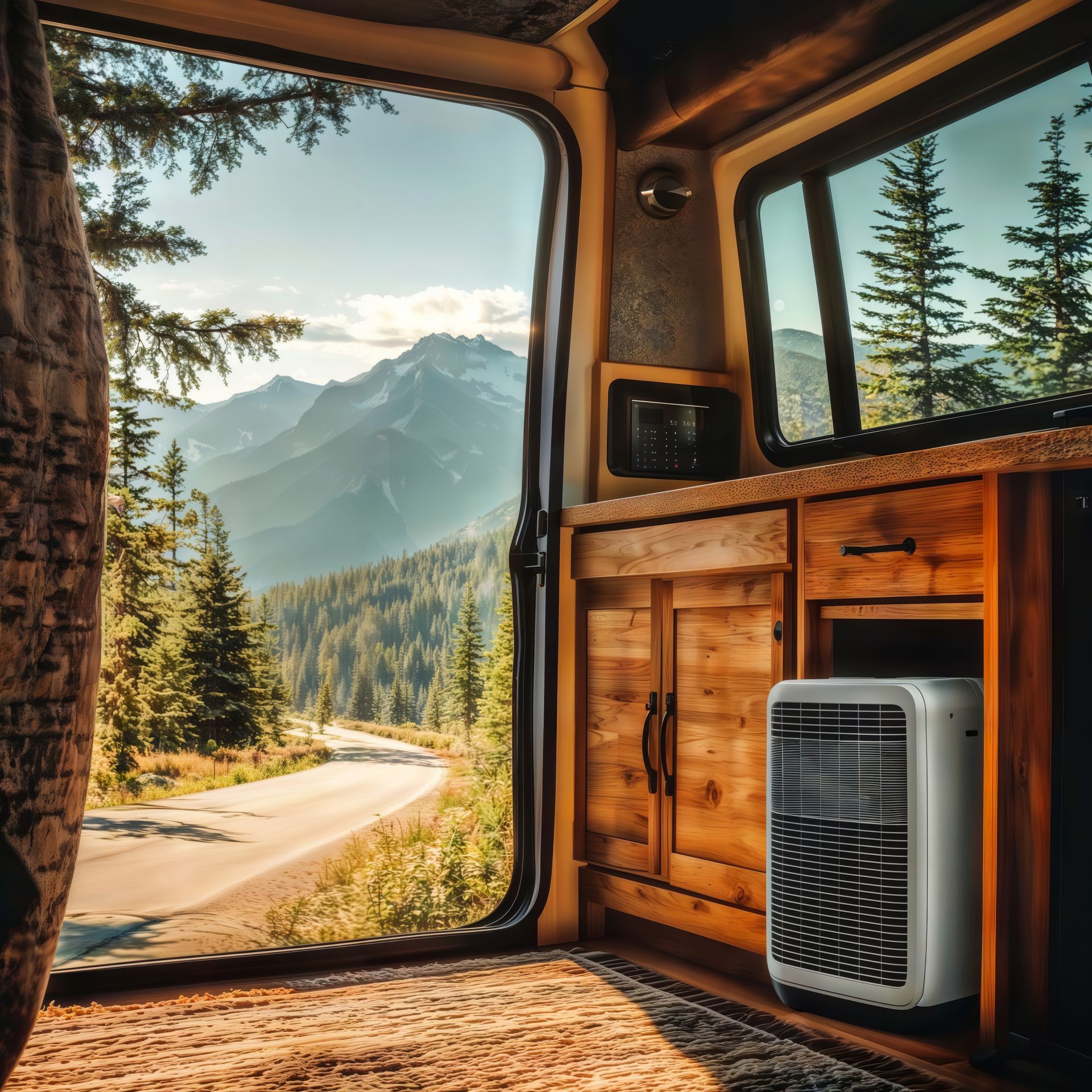 L'intérieur d'une camionnette avec vue sur les montagnes