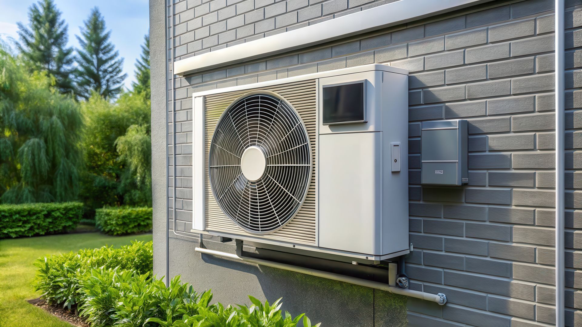 Un grand climatiseur est monté sur le côté d'un bâtiment en briques.