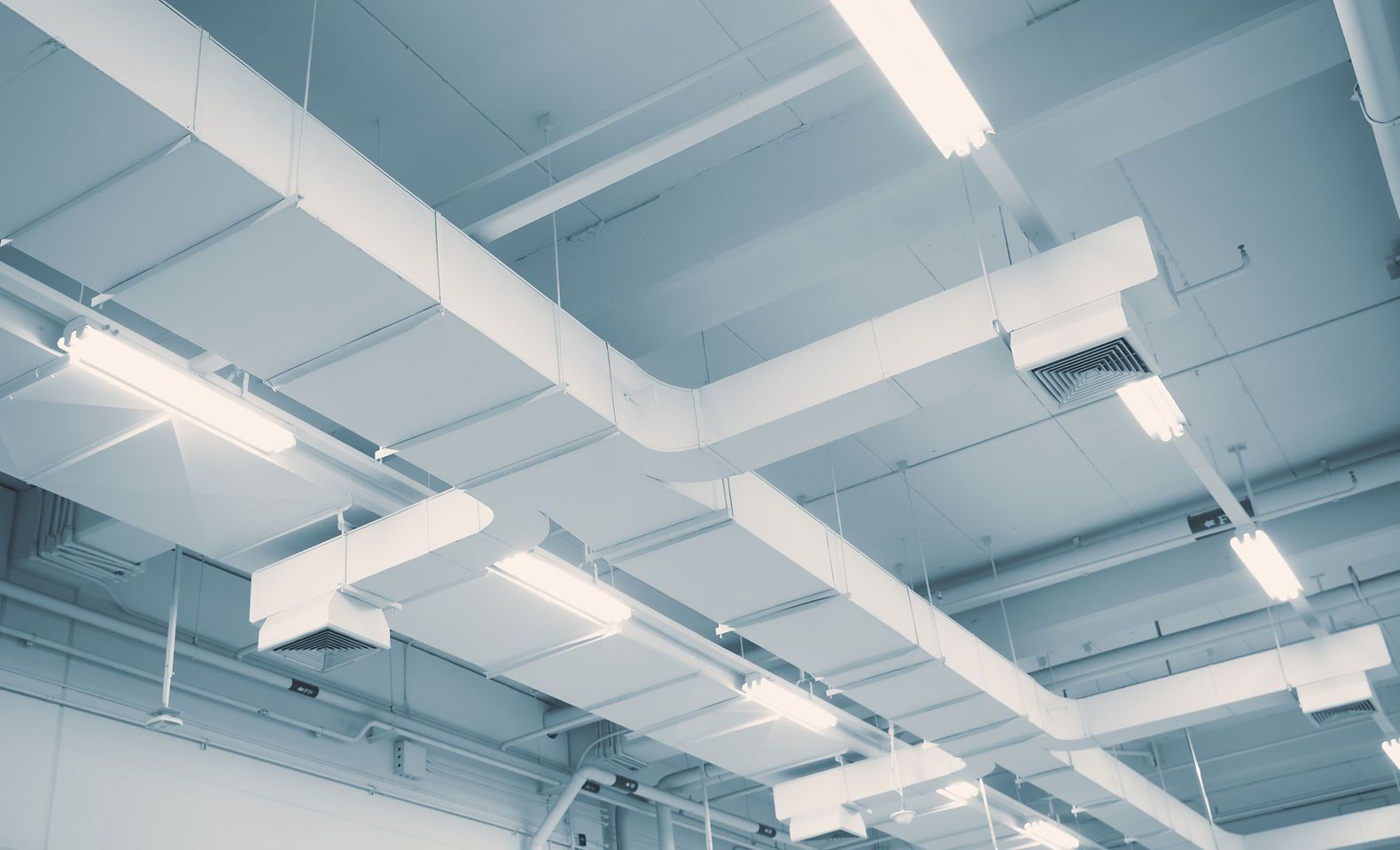 Un plafond avec beaucoup de tuyaux et de lumières suspendus.