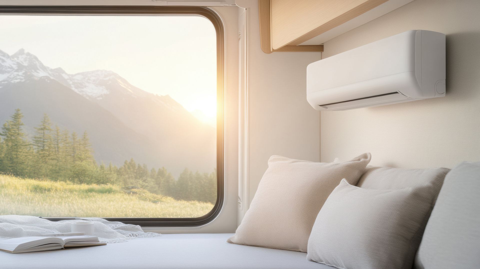 Une chambre dans un camping-car avec un lit et une fenêtre.