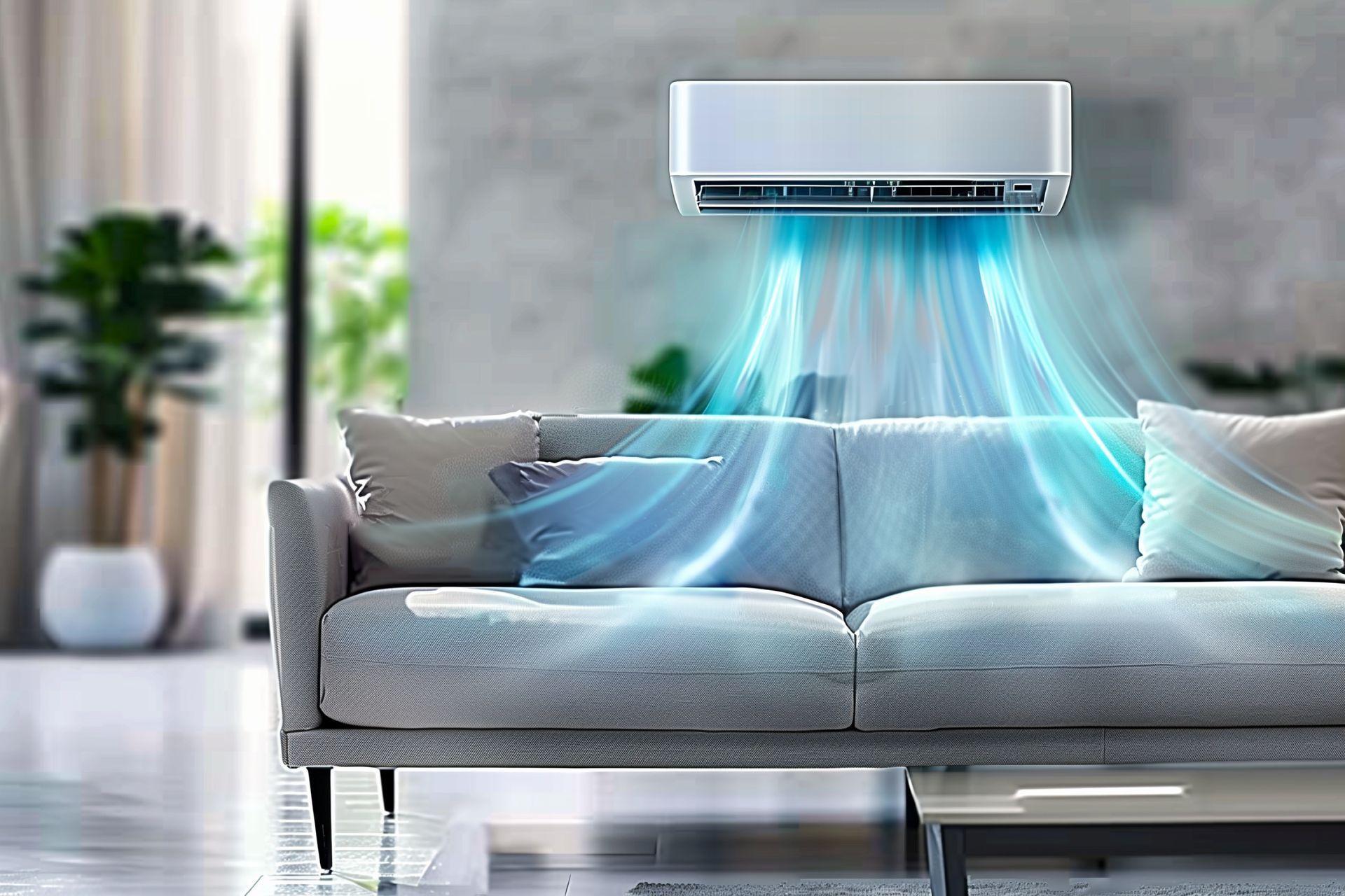 Un salon avec un canapé et un climatiseur mural.