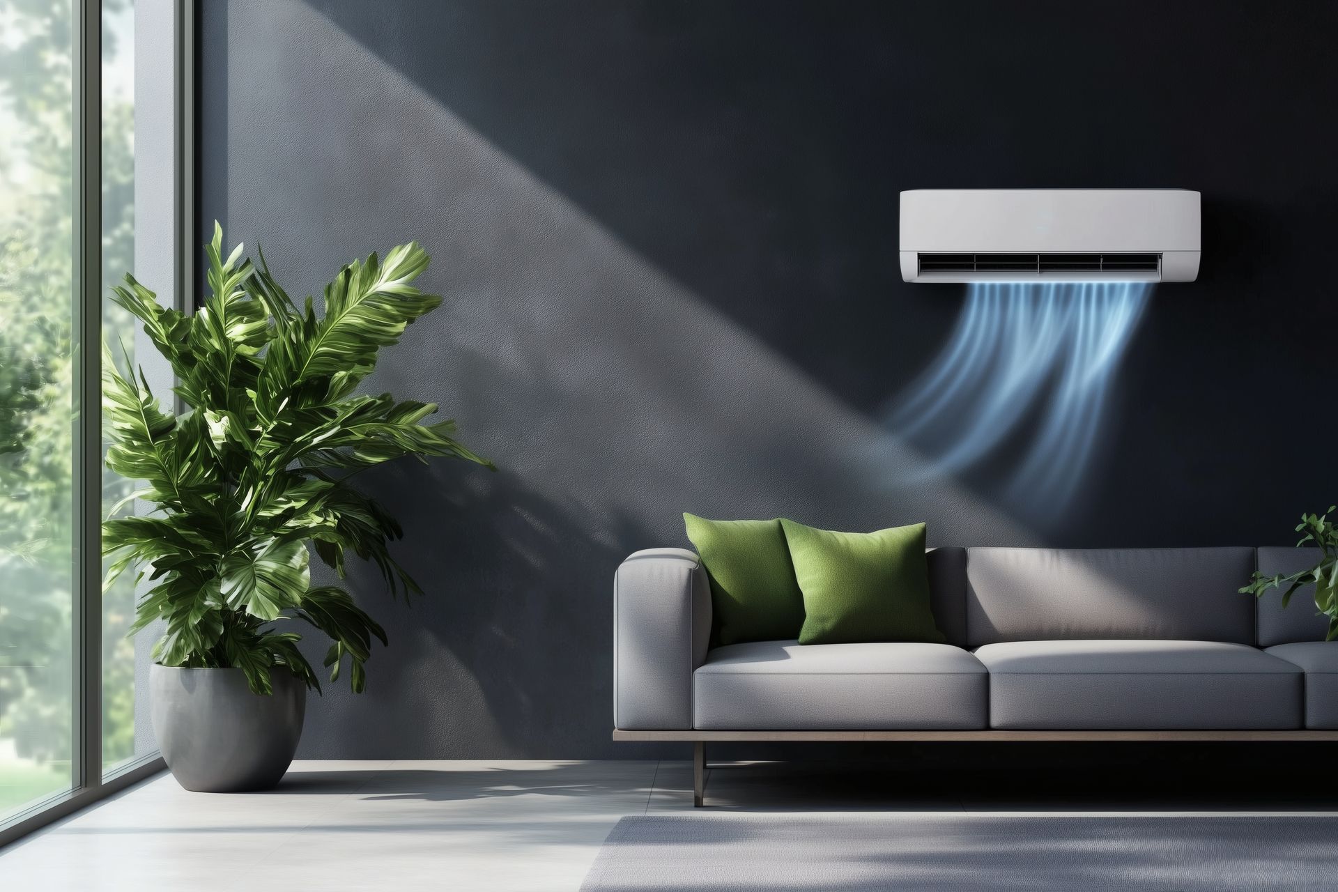 Un salon avec un canapé et un climatiseur au mur.