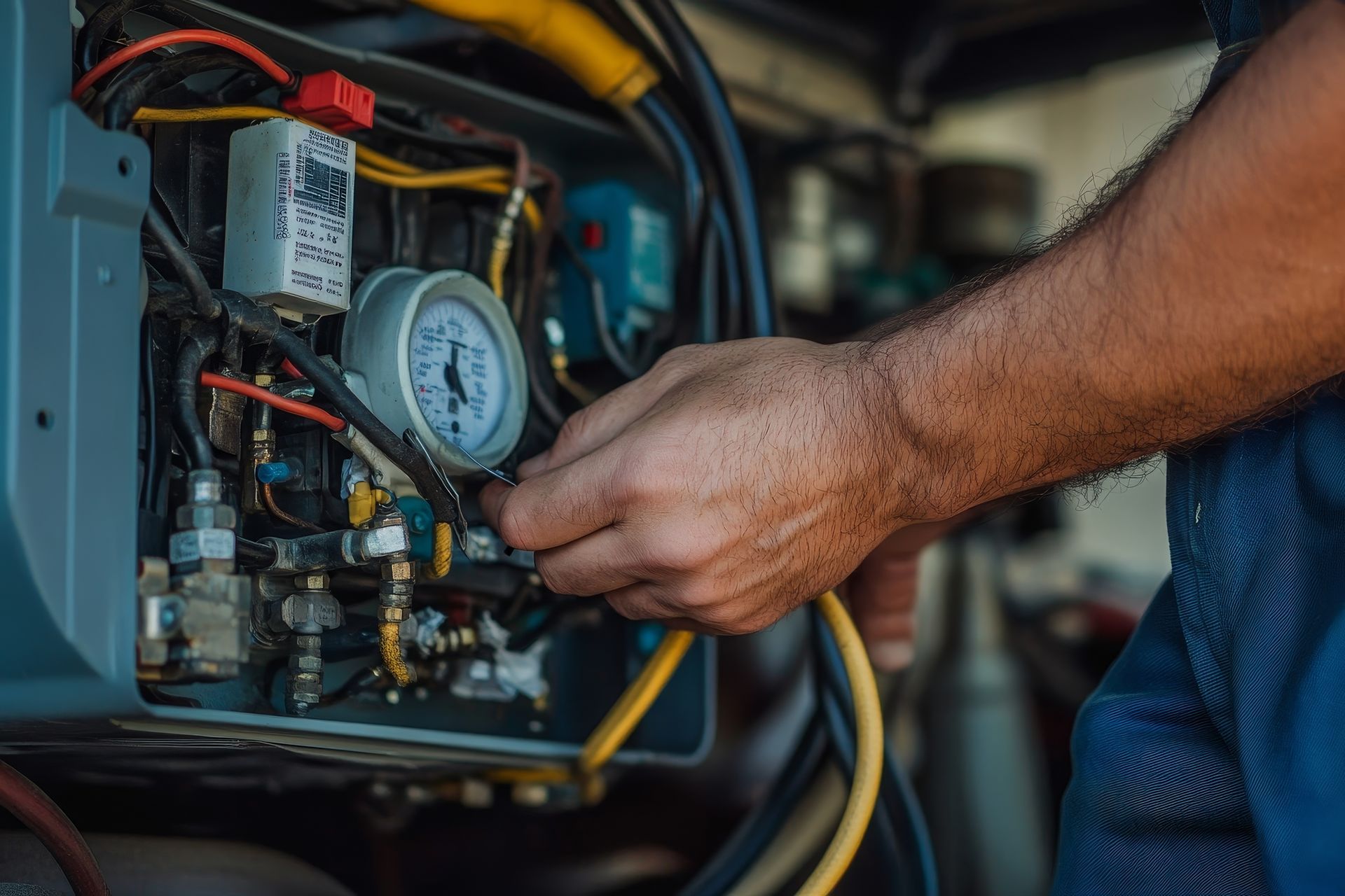 Un homme travaille sur une machine avec un manomètre.