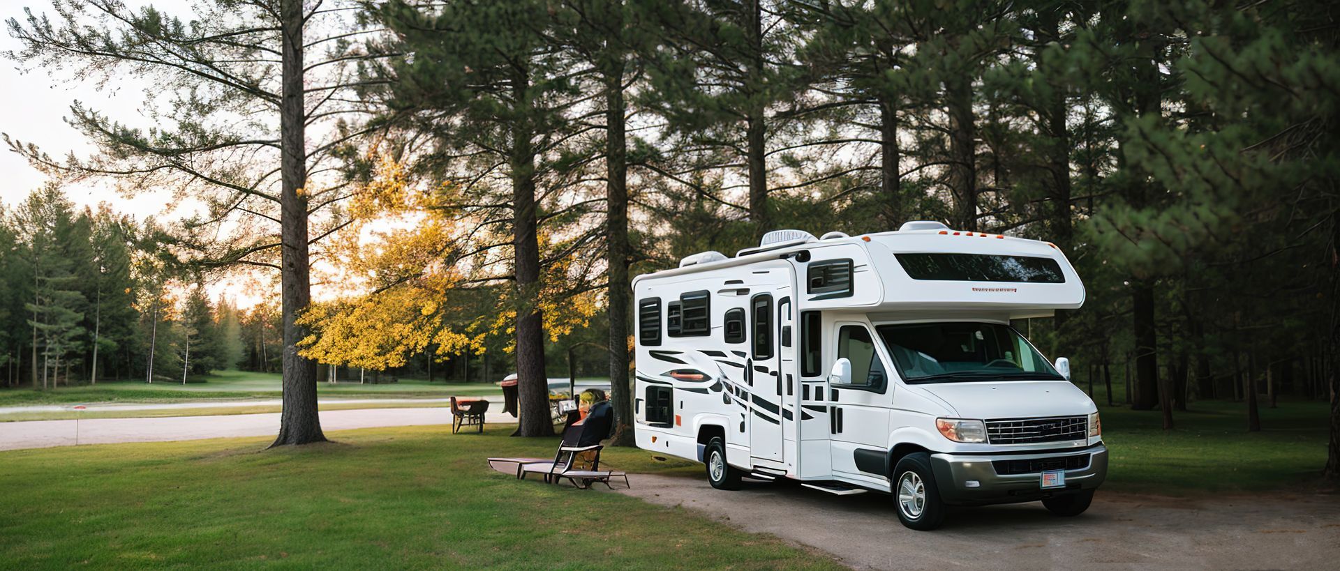 Un camping-car blanc est garé sur un parking dans les bois.