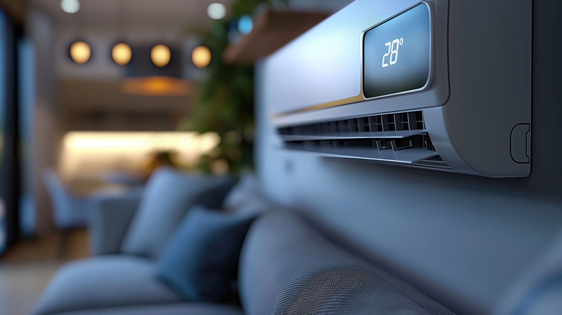 Un climatiseur est accroché au mur dans un salon à côté d'un canapé.