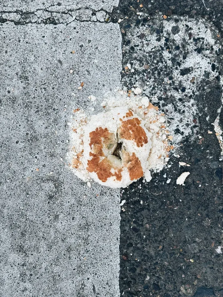 Bread crushed on a black and white painted street, brown and white colors.