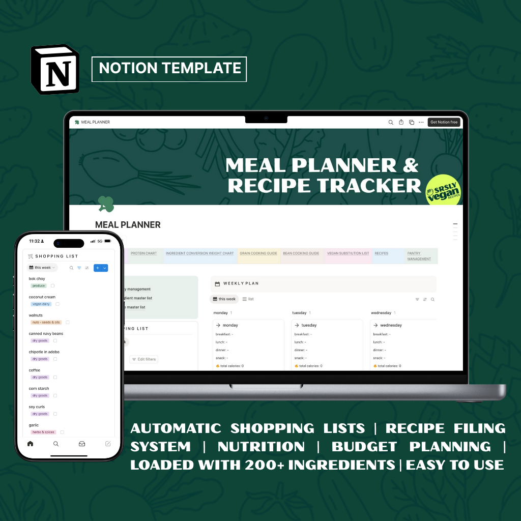 Notion meal planner template, displayed on laptop and phone. Features include shopping lists, nutrition, and budget planning.
