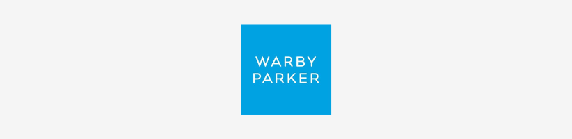 The Warby Parker logo: white, stacked text inside a bright blue square.