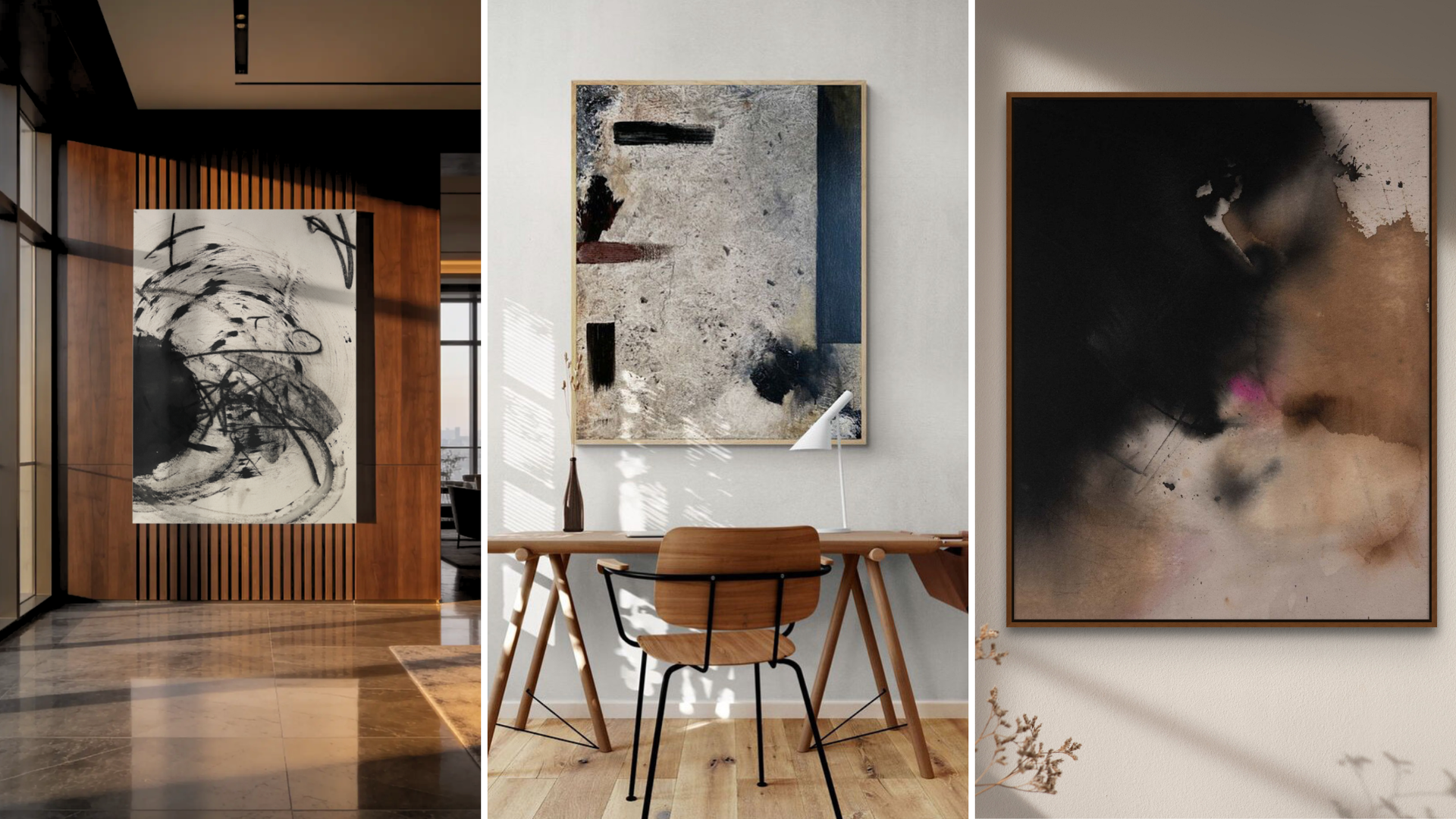 Abstract painting with textured gray background, framed on wall above wooden table with books and a mug.
