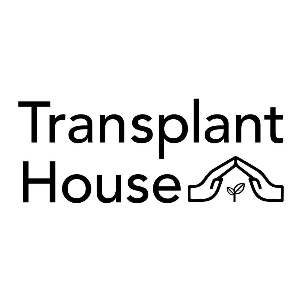 "Transplant House" logo with hands sheltering a small plant.