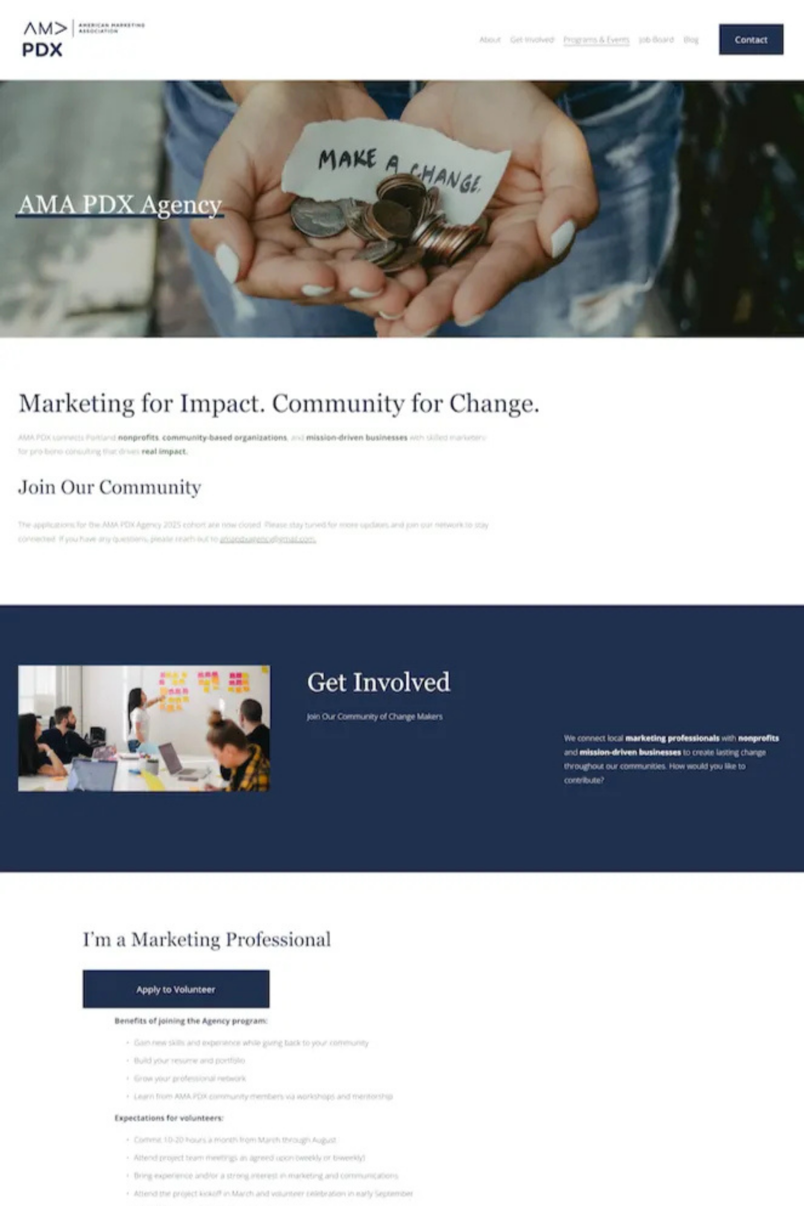 Nonprofit website homepage with hero photo, mission headline, and donation and event sections