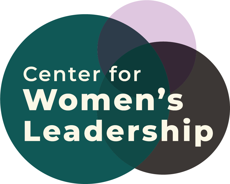 Logo for the Center for Women's Leadership: Overlapping circles in teal, black, and lavender, with white text.