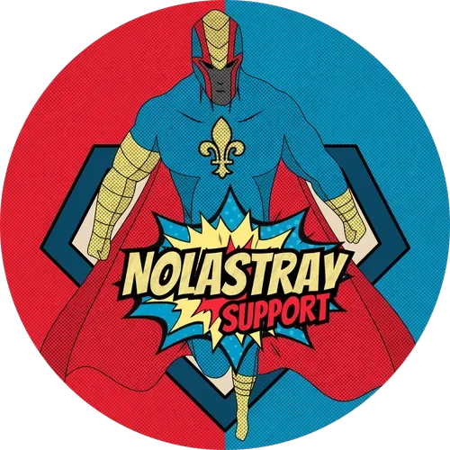 A superhero wearing a blue suit with a gold fleur-de-lis logo stands behind a comic-style bubble reading NOLASTRAV SUPPORT.