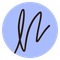 A blue circular logo featuring a stylized, handwritten white letter 