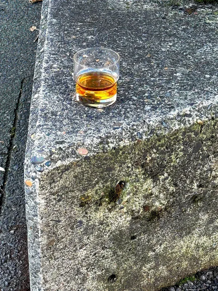 A glass of amber liquid sits on a rough, stone surface.