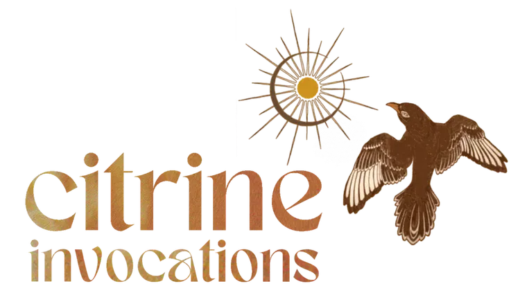 Logo for "Citrine Invocations" featuring a brown bird flying below a sun and crescent moon symbol in warm tan tones.