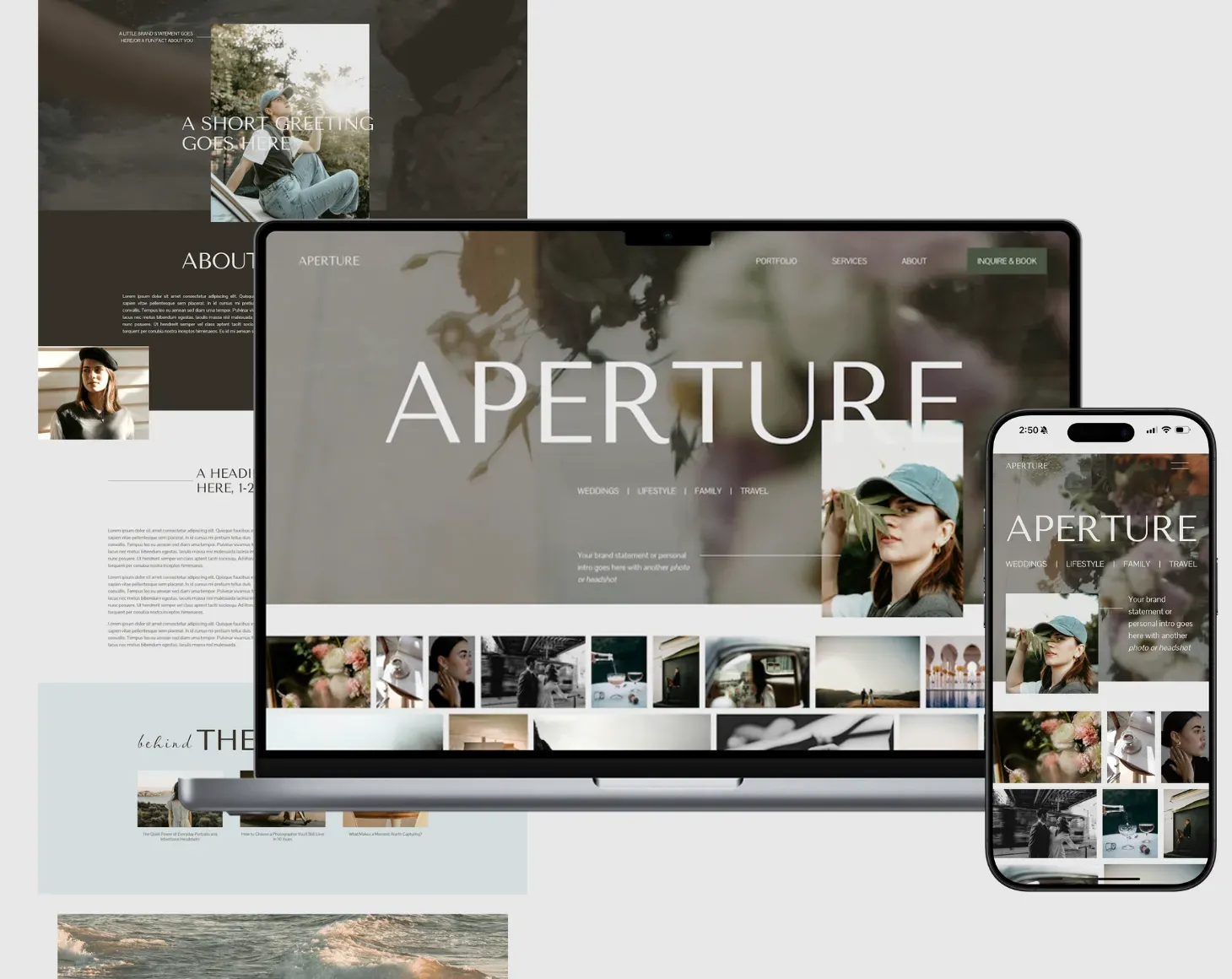 Website design on laptop and phone showcasing a photography portfolio.