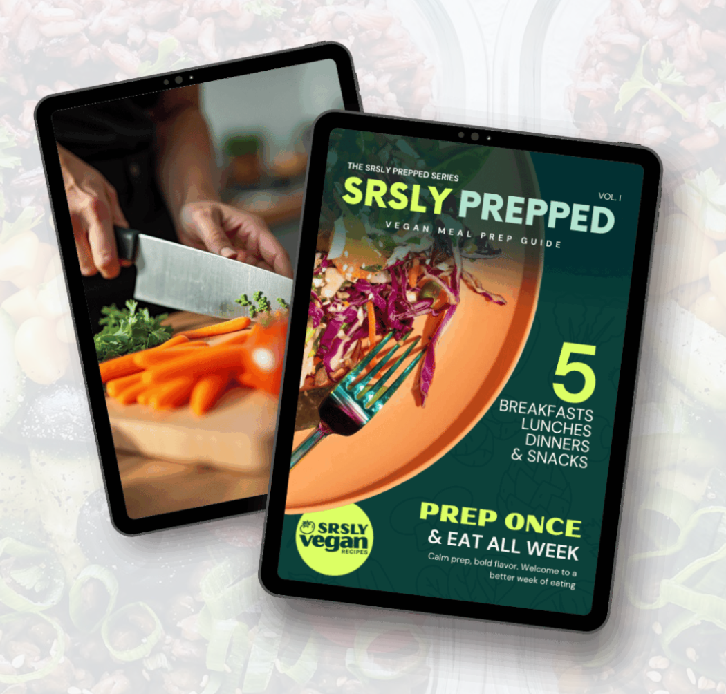 Two tablets: one shows prep work with vegetables; other displays