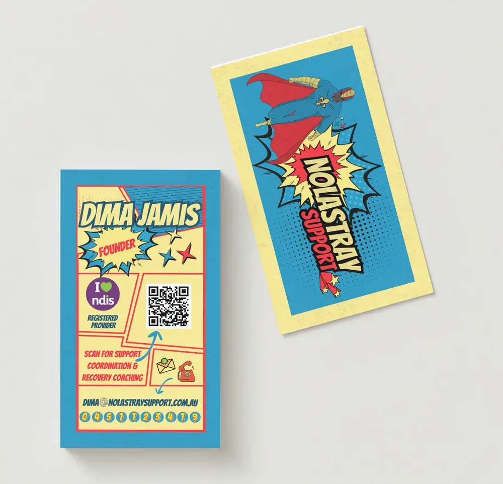Two superhero-themed business cards: one vertical with contact info, one with