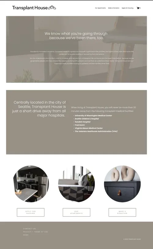 Website for Transplant House, showing text and photos of the facility.