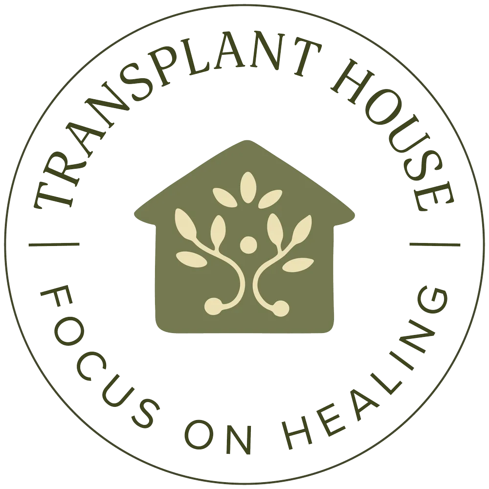 Round logo with green house, tree design, and text: