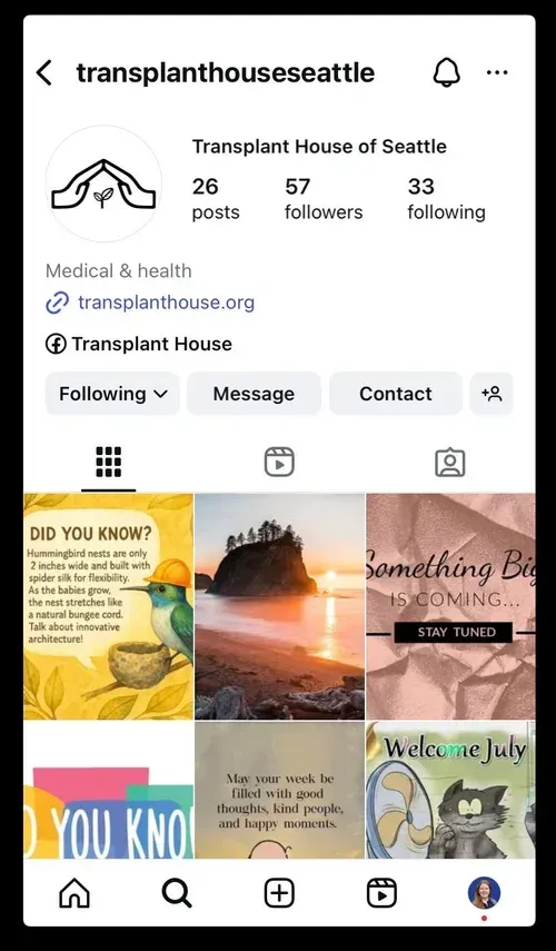 Screenshot of the Transplant House of Seattle Instagram profile, featuring their logo, follower count, and recent posts.
