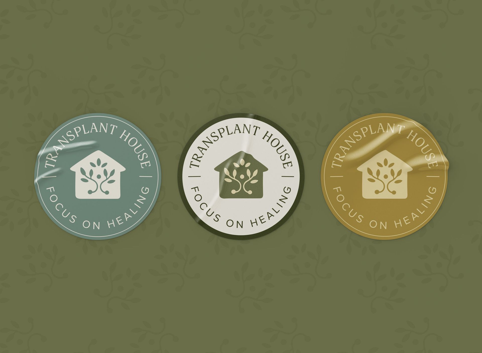 Three circular Transplant House logos, each with a house and tree design, in different colors, on a green background.