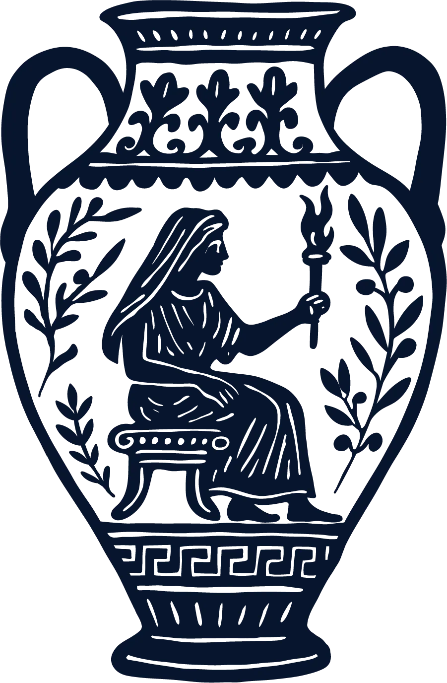 A stylized, dark blue and white illustration of a Greek-style vase featuring a seated figure holding a torch.