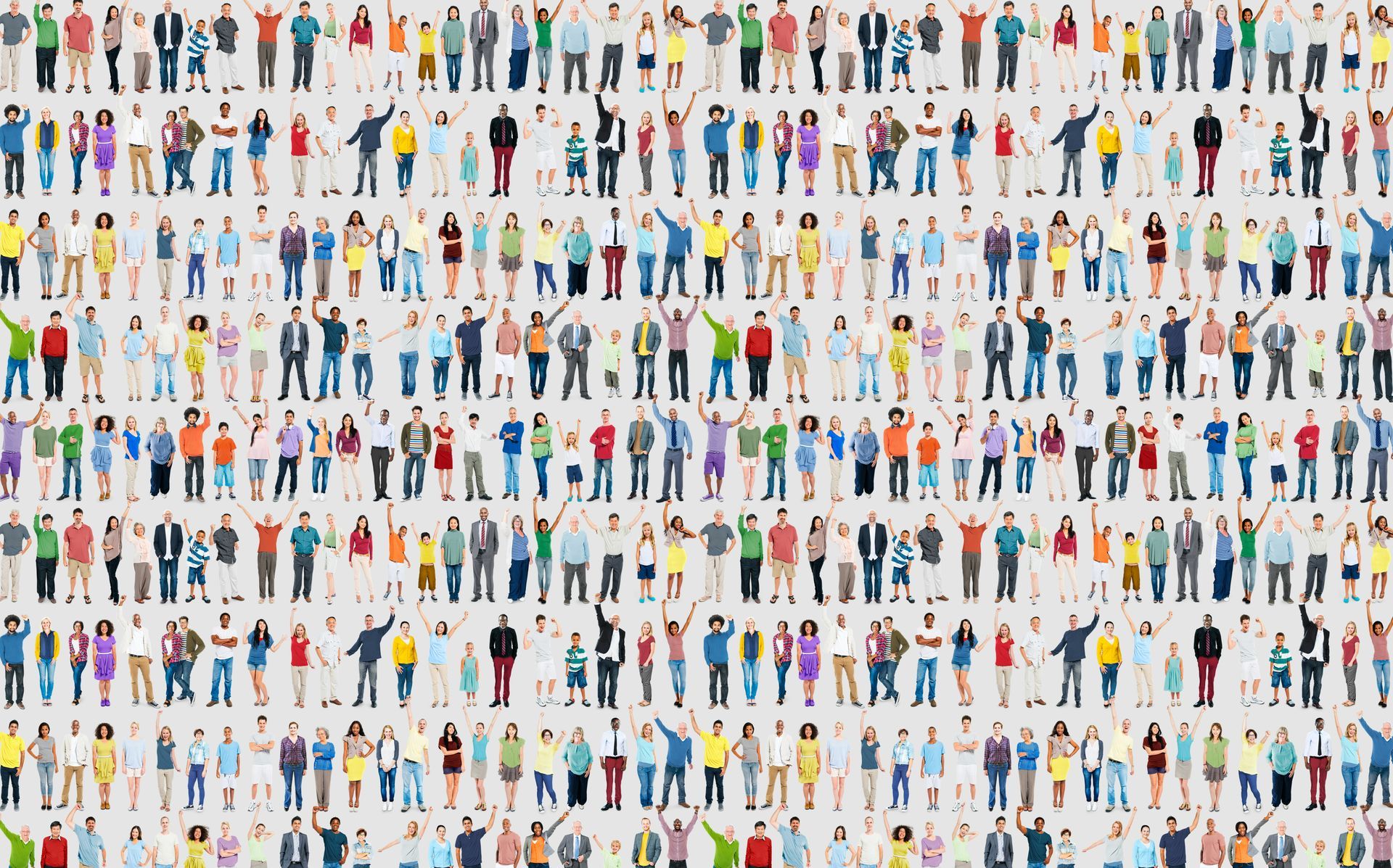 A repeating pattern of diverse people standing in various poses against a plain, light background.