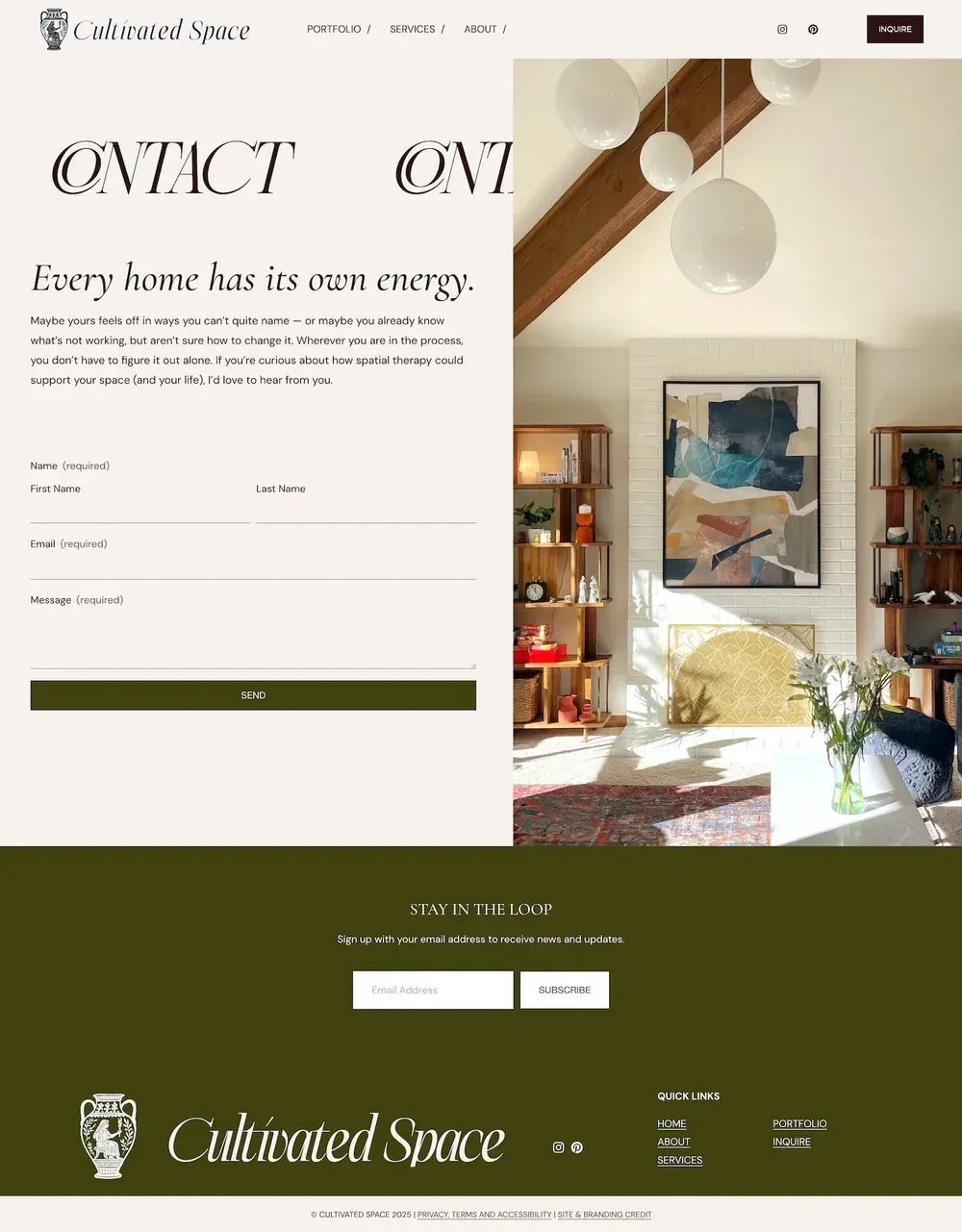 A website landing page for Cultivated Space featuring a contact form, a photo of a cozy living room, and a newsletter sign-up.