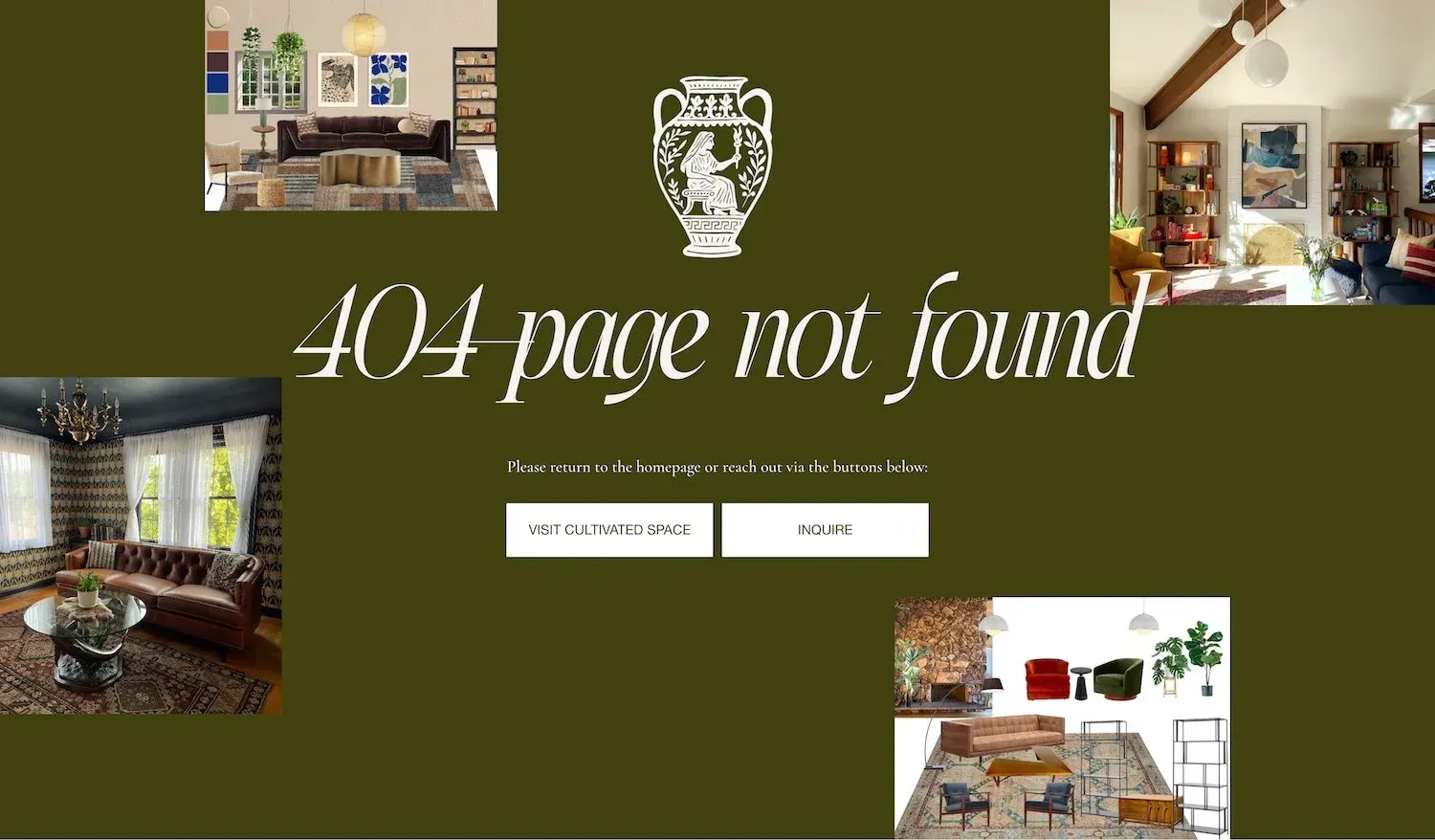 A 404 page with an olive green background, a central Greek vase icon, 