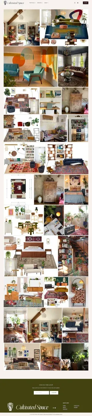 A grid of multiple interior design photos showing various decorated rooms and furniture arrangements.